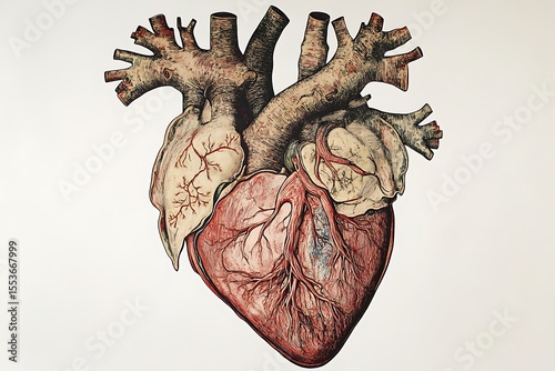 Structural diagram of the human heart, showing the muscular wall (myocardium), inner lining (endocardium), and outer layer photo