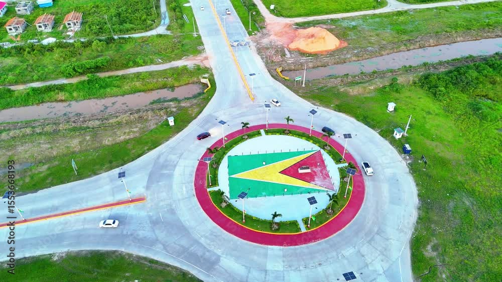 Drone shot of a roundabout with the flag of Guyana in the center - 4k