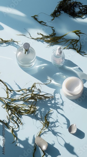 Glass skincare containers and seaweed leaves on glossy blue – daily seaweed facial mask