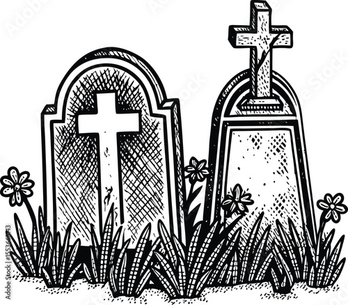 Hand Drawn Cemetery Scene with Tombstones Crosses Flowers and Grass