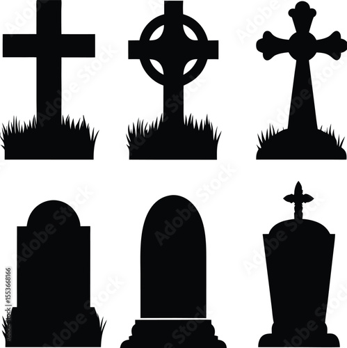 Collection of Gravestone Silhouettes with Crosses and Tombstones on White Background