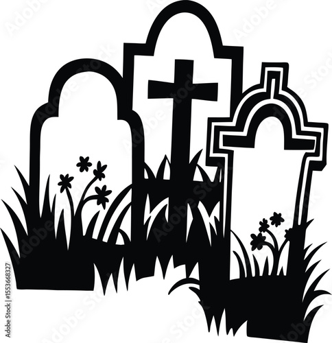 Black and White Illustration of Tombstones with Grass and Flowers