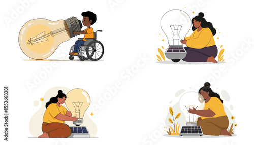People with light bulbs generating ideas sustainable energy set
