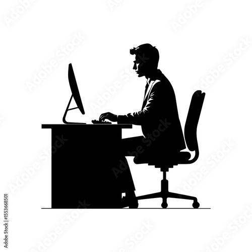 A black and white silhouette of a businessman seated at a desk, working on a computer.