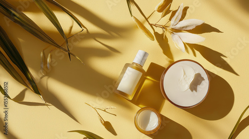 Cream jars and dropper bottle with leaves on yellow background – daily seaweed facial mask