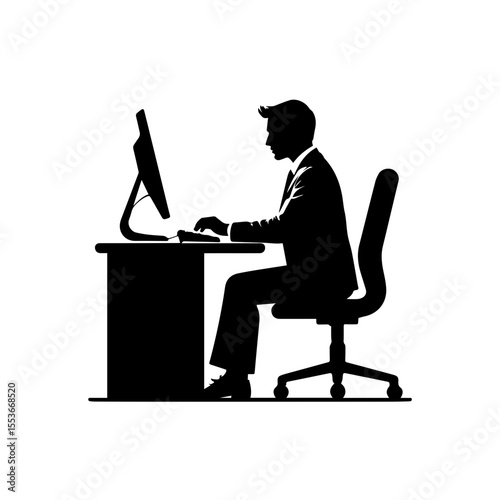 A black and white silhouette of a businessman seated at a desk, working on a computer.