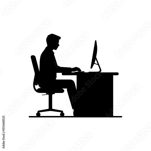 A black and white silhouette of a businessman seated at a desk, working on a computer.