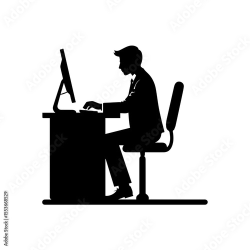 A black and white silhouette of a businessman seated at a desk, working on a computer.
