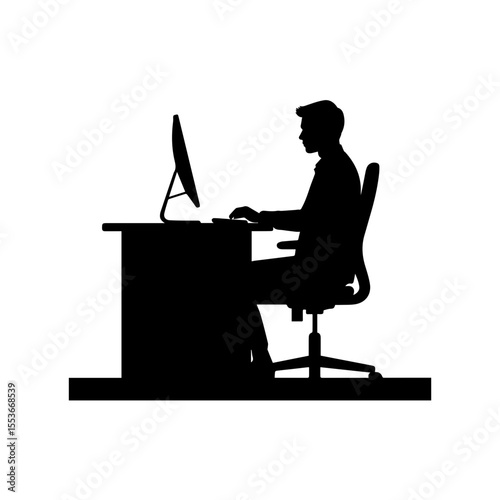 A black and white silhouette of a businessman seated at a desk, working on a computer.