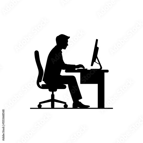 A black and white silhouette of a businessman seated at a desk, working on a computer.