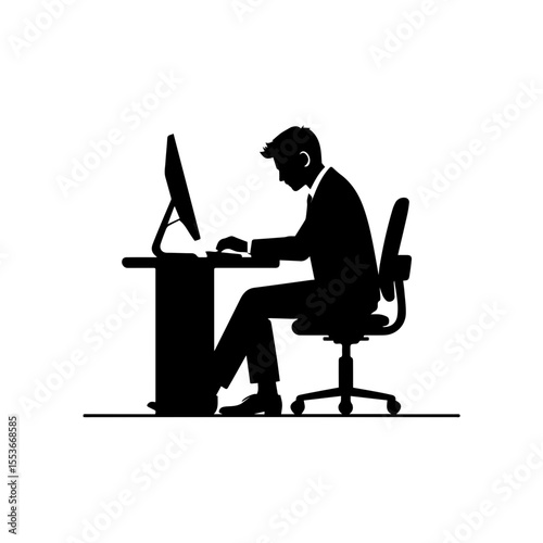 A black and white silhouette of a businessman seated at a desk, working on a computer.
