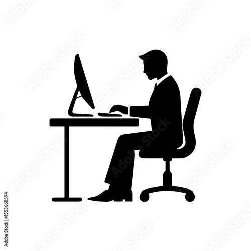 A black and white silhouette of a businessman seated at a desk, working on a computer.