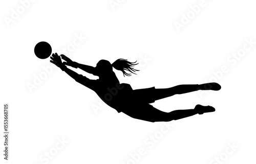 A dynamic silhouette of a female soccer goalkeeper in mid-air, diving to catch the ball.