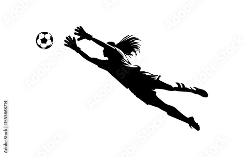 A dynamic silhouette of a female soccer goalkeeper in mid-air, diving to catch the ball.