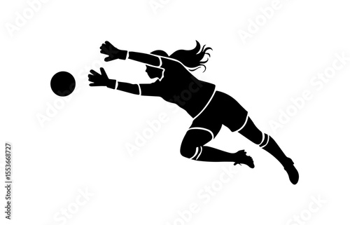 A dynamic silhouette of a female soccer goalkeeper in mid-air, diving to catch the ball.