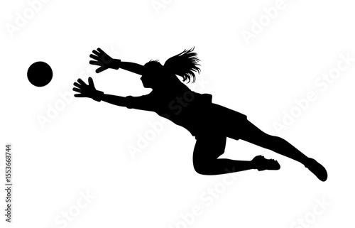 A dynamic silhouette of a female soccer goalkeeper in mid-air, diving to catch the ball.