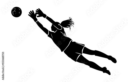 A dynamic silhouette of a female soccer goalkeeper in mid-air, diving to catch the ball.