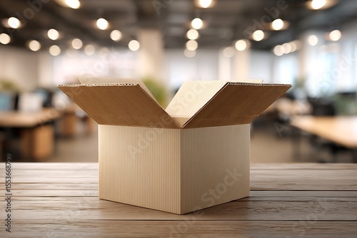 An open cardboard box sits on a wooden table in a softly lit office environment