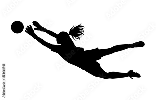 A dynamic silhouette of a female soccer goalkeeper in mid-air, diving to catch the ball.