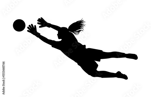 A dynamic silhouette of a female soccer goalkeeper in mid-air, diving to catch the ball.