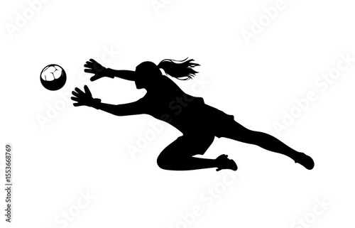 A dynamic silhouette of a female soccer goalkeeper in mid-air, diving to catch the ball.