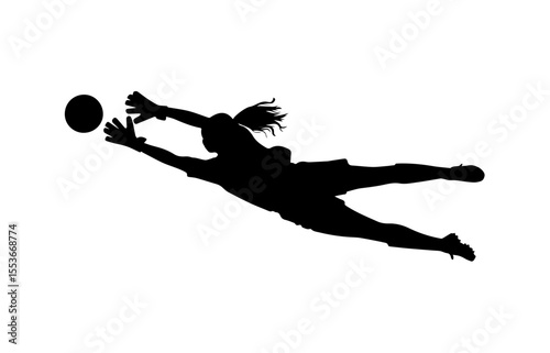 A dynamic silhouette of a female soccer goalkeeper in mid-air, diving to catch the ball.