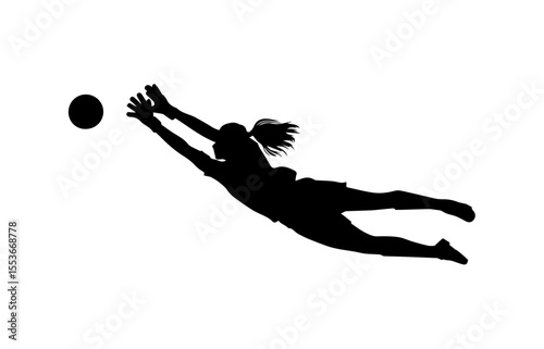 A dynamic silhouette of a female soccer goalkeeper in mid-air, diving to catch the ball.