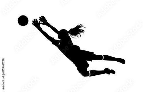 A dynamic silhouette of a female soccer goalkeeper in mid-air, diving to catch the ball.