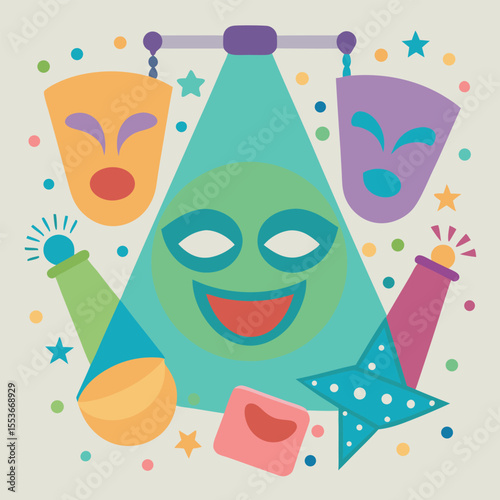 Vector theater mask and spotlight icons, dramatic arts background