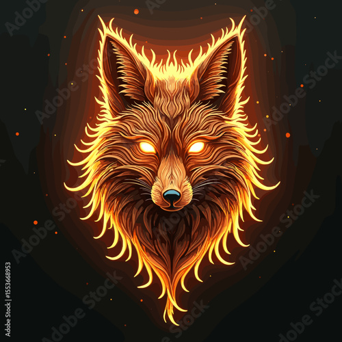 Illustration of a fox with fiery fur and glowing eyes on a dark background