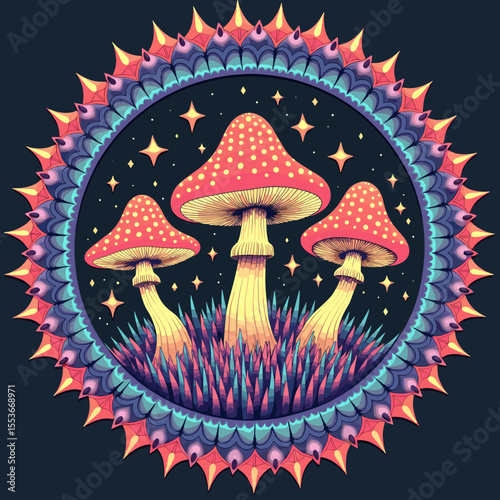 Colorful mushrooms surrounded by vibrant patterns and stars  
