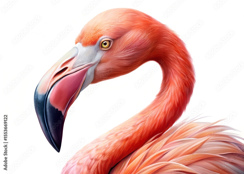 Fototapeta premium Close up of a pink flamingo isolated on white background