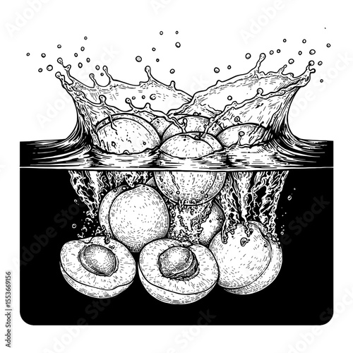 A Bunch of Fresh Apricots Splashing into Water with Vigorous Splash Black and White Outline Line Art Drawing