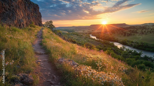 Hiking trail along rocky cliff with wildflowers and sunset view