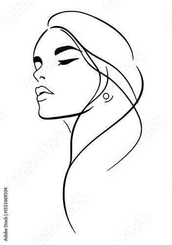 A minimalist line drawing of a woman's profile, featuring flowing hair and an expressive eye, conveying elegance and simplicity.