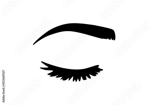Silhouette of a closed eye with stylized lashes and an arched eyebrow, captured in a minimalist black design on a white background.
