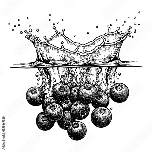 A Handful of Blueberries Splashing Into Water with Crown Splash Black and White Outline Line Art Drawing