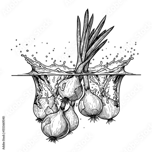 A String of Onions Splashing into Water with Dynamic Ripples Black and White Outline Line Art Drawing