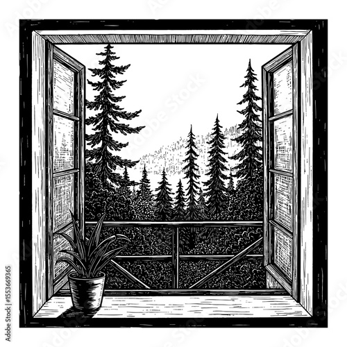 A View from Open Window with Forest Landscape and Plant Black and White Outline Line Art Drawing