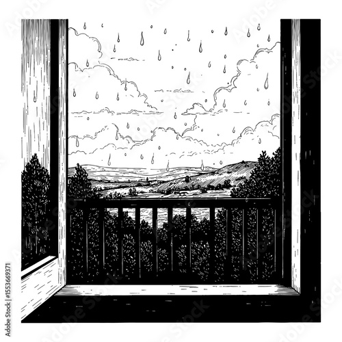 A View From Window Balcony with Raining Sky Landscape and Hills Black and White Outline Line Art Drawing