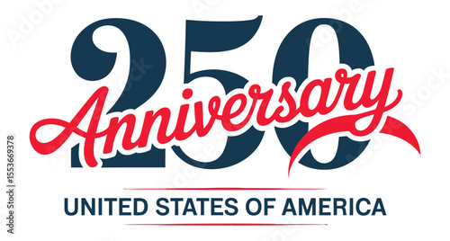 250th Anniversary USA Celebration Logo Design Featuring Bold Blue Numerals, Red Cursive Typography, and Patriotic Color Theme