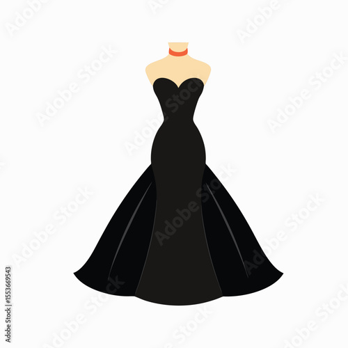 silhouette black formal dress, evening grown, cocktail dress, , strapless bodice, flared skirt,  fashion illustration, elegant, high contrast, minimalist design on white background