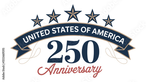united states 250th anniversary celebration emblem with patriotic stars and banner in red, white, and blue graphic design