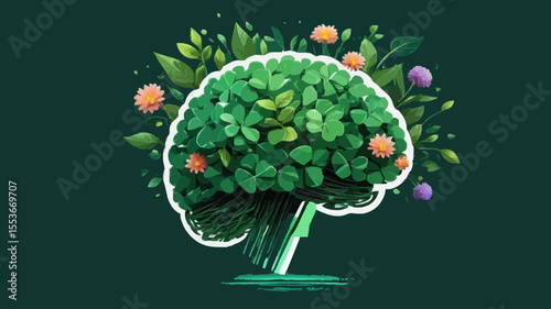 3D illustration of a human brain constructed from digital cubes dissolving into natural elements like flowers and greenery, symbolizing the fusion of technology and nature on a dark green BG
