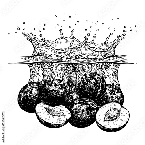 A Bunch of Fresh Delicious Plums Splashing into Water with Bursting Crown Splash Black and White Outline Line Art Drawing