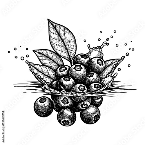 A Handful of Blueberries with Leaves Splashing in Water Black and White Outline Line Art Drawing
