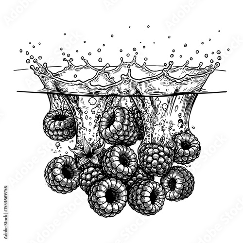 A Handful of Raspberries Splashing into Water with Drops Black and White Outline Line Art Drawing