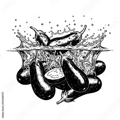 Dynamic Illustration of a Pile of Eggplants Splashing into Water Black and White Outline Line Art Drawing