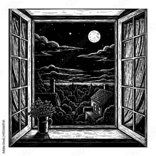 Beautiful Moon Night View from Open Window Town Landscape Black and White Outline Line Art Drawing