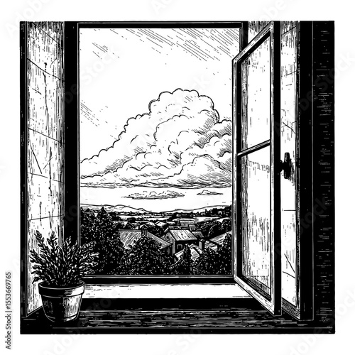 A Cloudy Sky Landscape View from an Open Window with a Potted Plant Black and White Outline Line Art Drawing